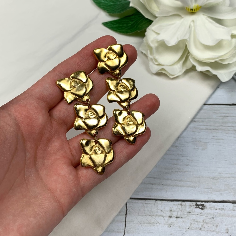 Vintage Gold Layered Rose Triple Concho Earrings